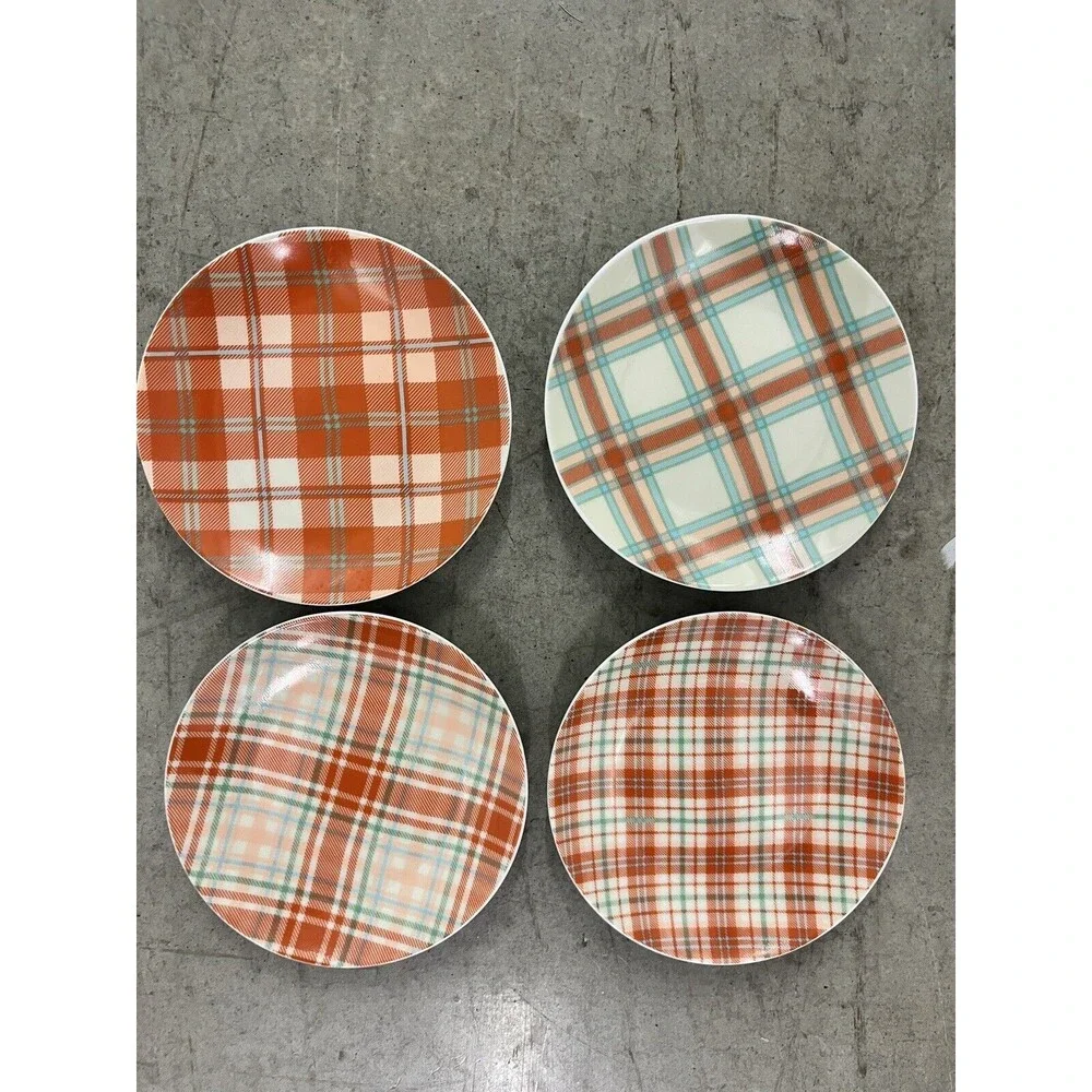 Lot of 4 Pier One Imports Orange & Teal Plaid Porcelain 6-inch Snack Plates